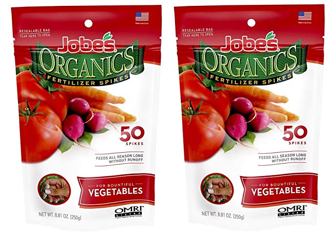 Jobe’s Organics Vegetable & Tomato Fertilizer Spikes, 2-7-4 Time Release Fertilizer for All Vegetables, Herbs and Tomato Plants, 50 Spikes per Package (2, 1 Pack)