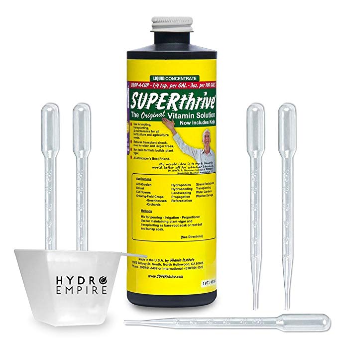 Superthrive Pint Liquid Plant Fertilizer - Concentrated Solution Miracle Root Food Hormone and Starter Solution for Garden, Bonsai, Orchids, Seedlings with 5 Pipettes and Hydro Empire Measuring Cup