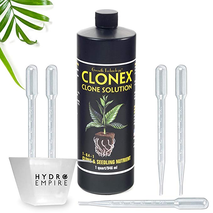 Clonex Clone Solution Quart Plant Nutrient for Rooting and Cloning, Best Cloning Compound for Seedlings, Initiate Roots in Plants EPA Approved Includes 5 Pipettes and 4 oz Hydro Empire Measuring Cup