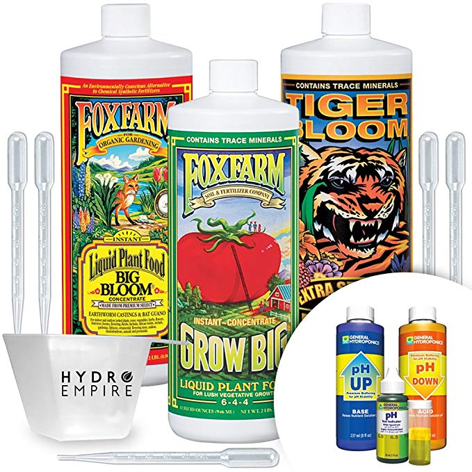 Fox Farm Big Bloom Grow Big - Tiger Bloom Trio Quart and GH pH Control Kit - Fox Farms Trio Nutrients Bundle Fast Acting Water Soluble Fertilizer with 5 pipettes and 4 oz Hydro Empire Measuring Cup