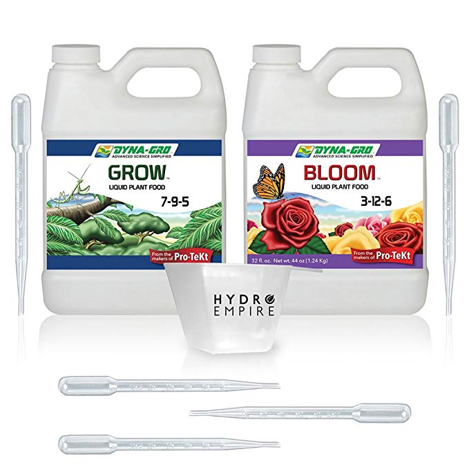 Dyna-GRO Grow and Bloom Liquid Fertilizer Quart Organic Plant Food Nutrients, All Purpose Grow, Concentrate Hydroponic Solution, Indoor/Outdoor Garden w/ 5 Pipettes and 4oz Hydro Empire Measuring Cup